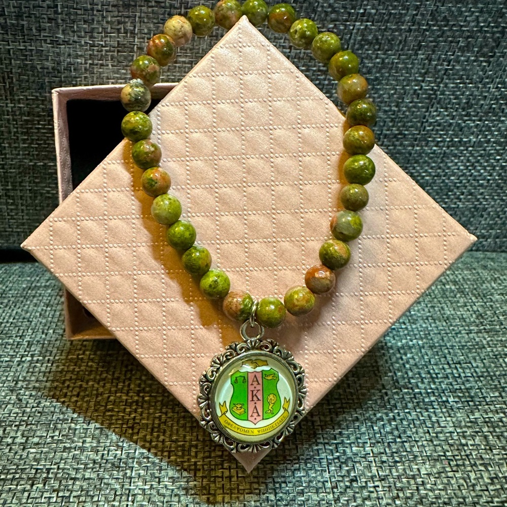AKA Charm on Natural Unakite 6mm 7.5” Pink and Green Crystal Stretch Bracelet